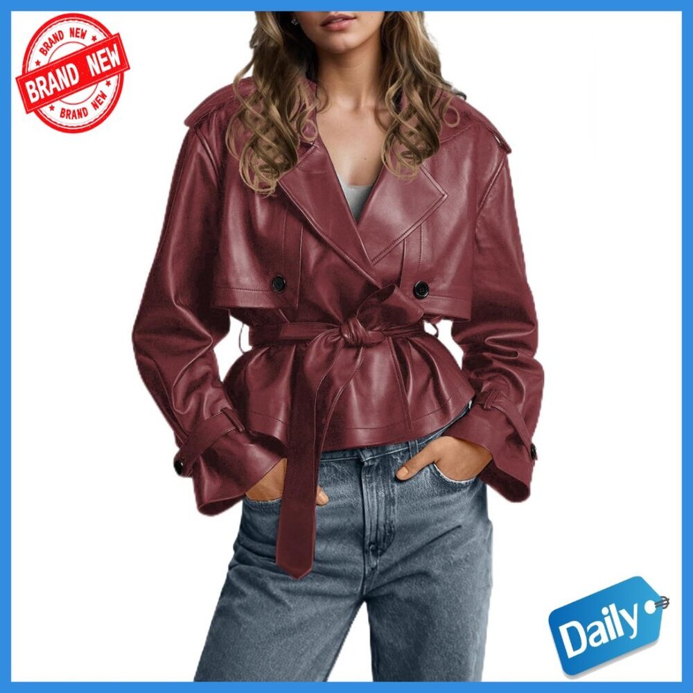 Short Faux Leather Trench Coat with Belt, Long Sleeve, Relaxed Fit